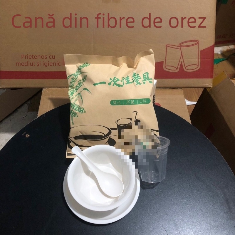 Tacâmuri de unică folosință din coajă de orez, set de patru piese, plastic, non-biodegradabil, personalizare disponibilă