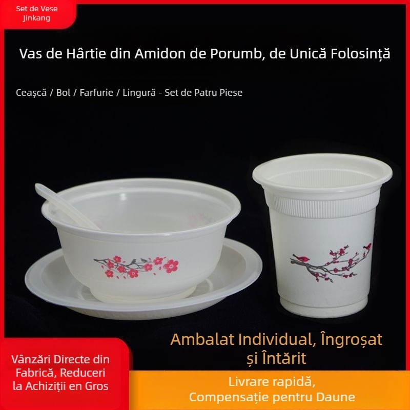 Set de veselă de unică folosință, ambalat individual, grosime îmbunătățită, set de patru piese, din plastic alimentar, pentru uz comercial și casnic