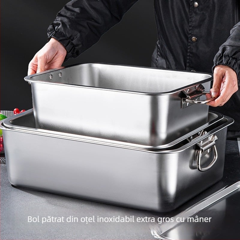 Bazin pătrat din oțel inoxidabil, cu mâner, tavă cu fund plat, adâncit, pentru uz comercial