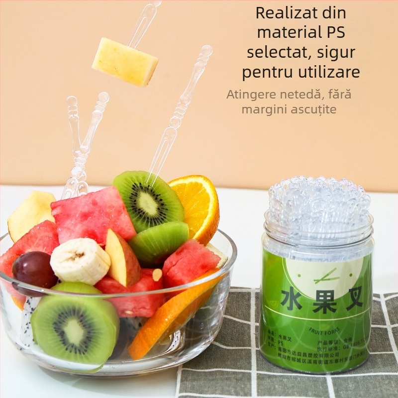 Furculiță de fructe din plastic, unică folosință, grad comestibil – pentru fructe și prăjituri, design modern minimalist