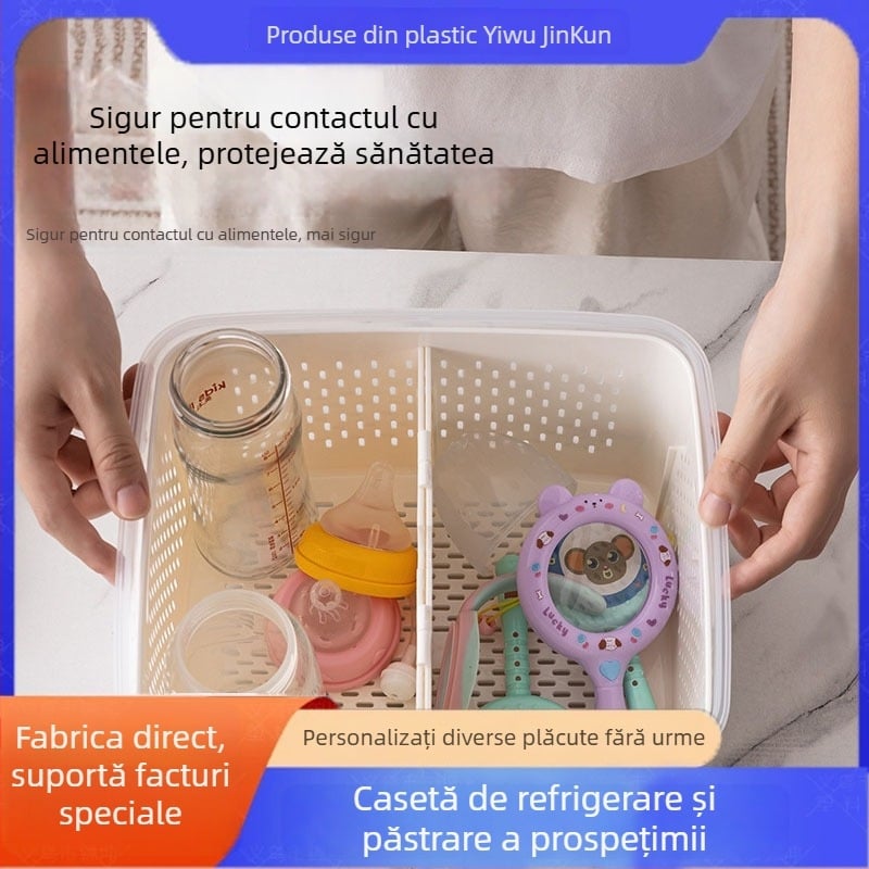 Cutie dublă pentru păstrarea prospețimii cu coș de scurgere pentru fructe și legume, capacitate 2,1–3 L, silicon alimentar, etanș cu capac