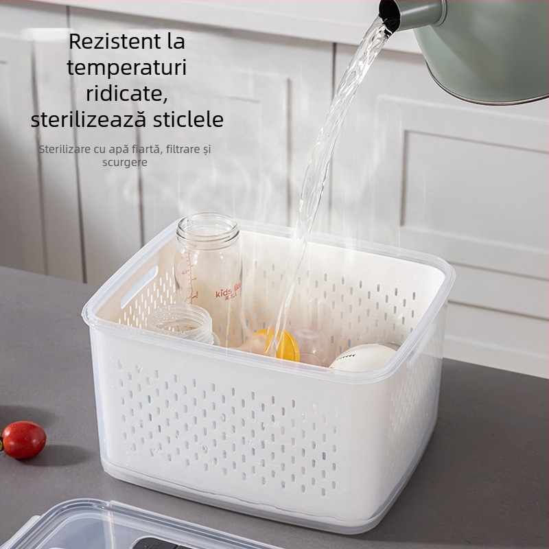 Cutie dublă pentru păstrarea prospețimii cu coș de scurgere pentru fructe și legume, capacitate 2,1–3 L, silicon alimentar, etanș cu capac