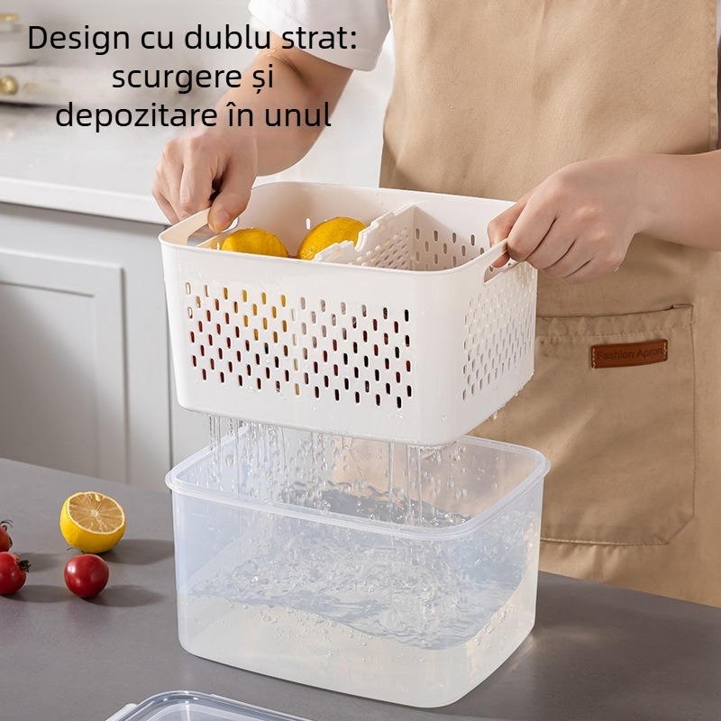 Cutie dublă pentru păstrarea prospețimii cu coș de scurgere pentru fructe și legume, capacitate 2,1–3 L, silicon alimentar, etanș cu capac