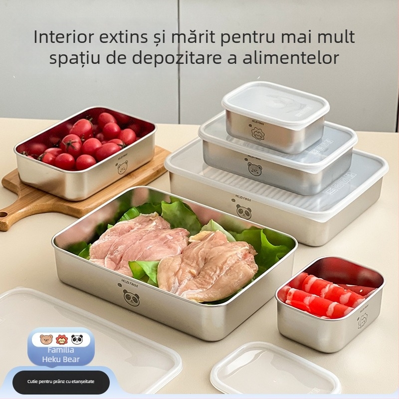 Cutie de depozitare a alimentelor din oțel inoxidabil 304 cu capac – pătrată, 301–500 ml, cutie de prânz etanșă, model Familia Urșilor
