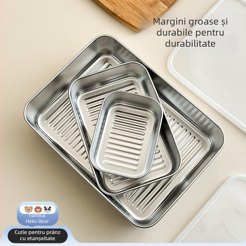 Cutie de depozitare a alimentelor din oțel inoxidabil 304 cu capac – pătrată, 301–500 ml, cutie de prânz etanșă, model Familia Urșilor