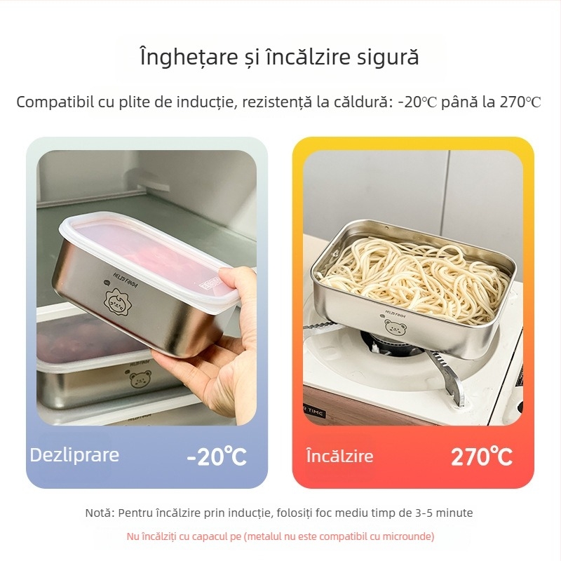 Cutie de depozitare a alimentelor din oțel inoxidabil 304 cu capac – pătrată, 301–500 ml, cutie de prânz etanșă, model Familia Urșilor