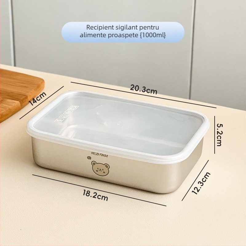 Cutie de depozitare a alimentelor din oțel inoxidabil 304 cu capac – pătrată, 301–500 ml, cutie de prânz etanșă, model Familia Urșilor