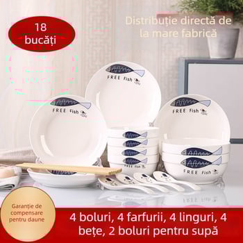Set de veselă din porțelan pentru masă — boluri, farfurii și bețișoare, design simplu, stil nou chinezesc