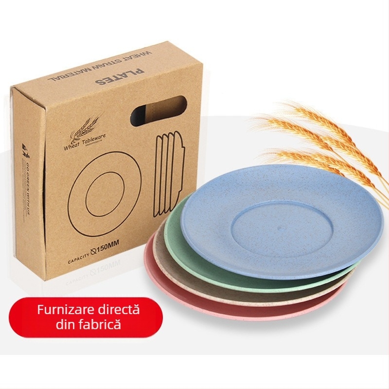 Set de farfurioare din paie de grâu, formă rotundă, compatibil cu microundele, logo imprimat, personalizare disponibilă