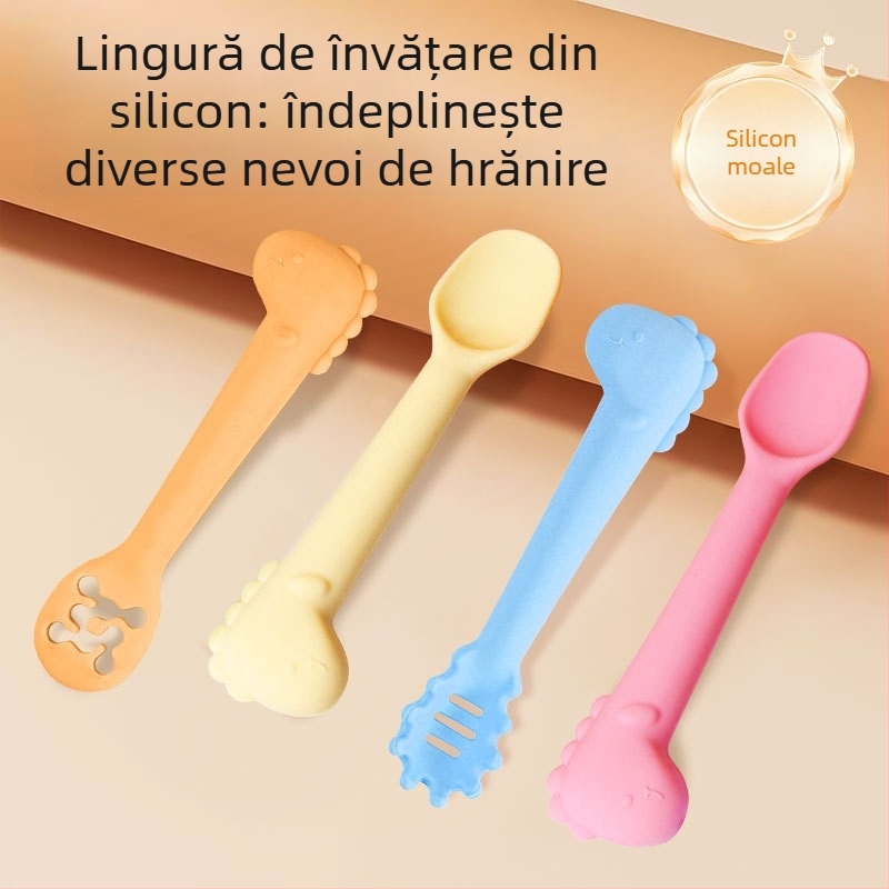 Linguriță de hrănire pentru bebeluși, silicon alimentar, design cu dinozaur, pentru bebeluși peste 6 luni, set de 1, greutate 20 g