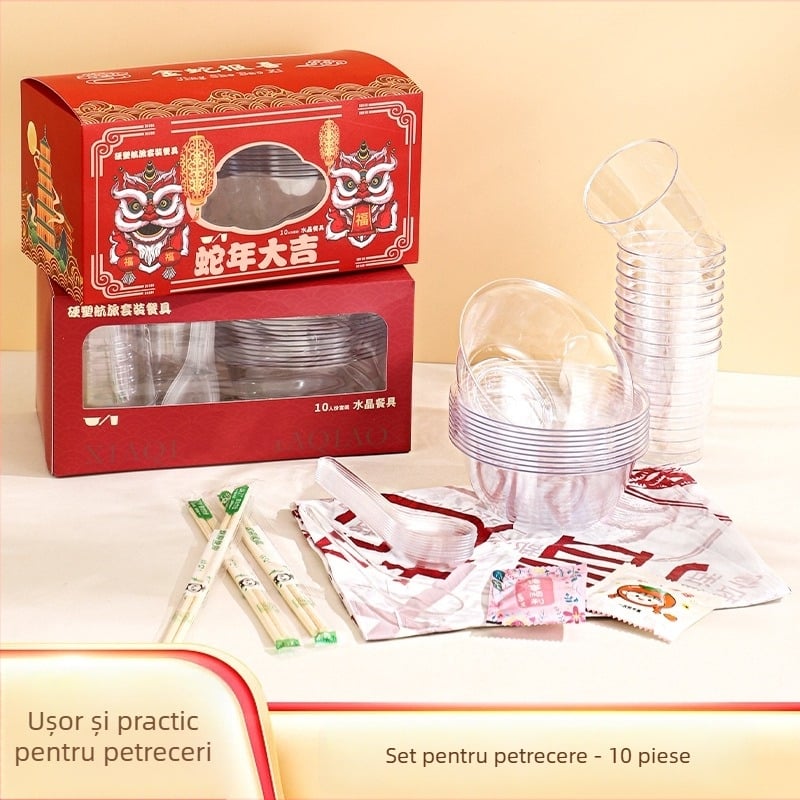 Set de veselă de unică folosință, zece piese, din plastic, dreptunghiular, grosime 1 cm, ambalaj de 50 bucăți