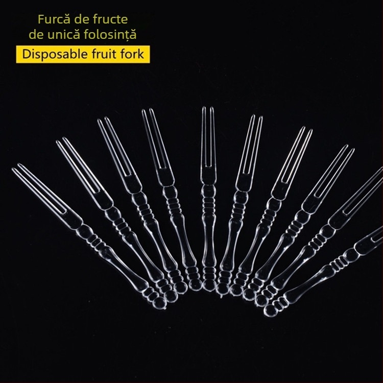 Furculiță de fructe din plastic, de unică folosință, marcă Jubo, cu logo imprimat, producție personalizată