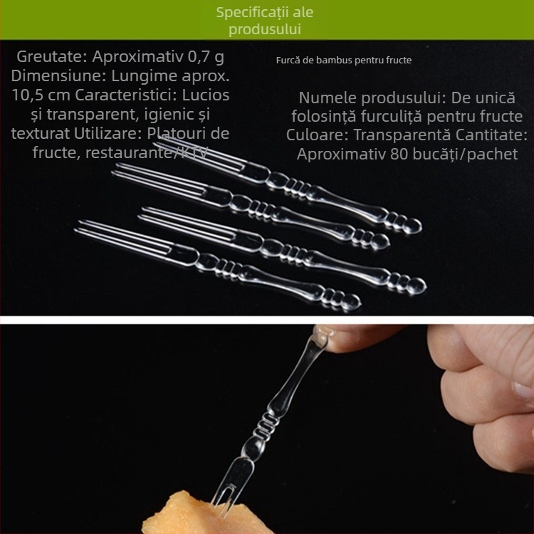 Furculiță de fructe din plastic, de unică folosință, marcă Jubo, cu logo imprimat, producție personalizată