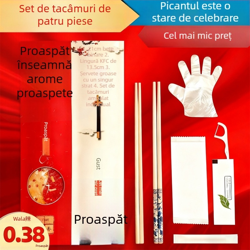 Set bețișoare de unică folosință (trei sau patru pachete) cu ambalaj din hârtie Kraft, biodegradabile, imprimare logo și personalizare disponibile, 500 de pachete pe cutie