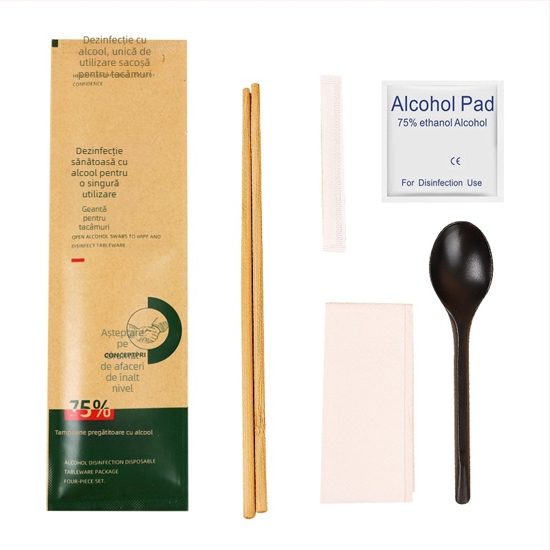 Set bețișoare de unică folosință (trei sau patru pachete) cu ambalaj din hârtie Kraft, biodegradabile, imprimare logo și personalizare disponibile, 500 de pachete pe cutie