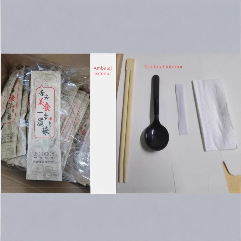 Set bețișoare de unică folosință (trei sau patru pachete) cu ambalaj din hârtie Kraft, biodegradabile, imprimare logo și personalizare disponibile, 500 de pachete pe cutie