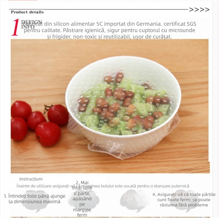 Capac din silicon pentru păstrarea prospețimii, pentru boluri și cești, reutilizabil, set de trei piese