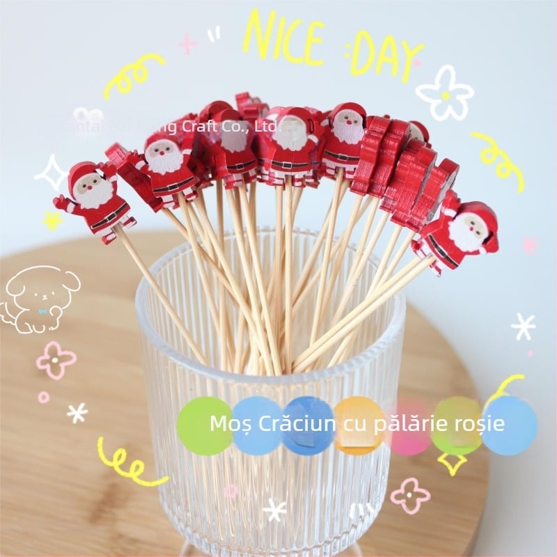 Bețișoare de bambus pentru cocktailuri, unică folosință, cu motiv Moș Crăciun, stil coreean, imprimare cu logo disponibil