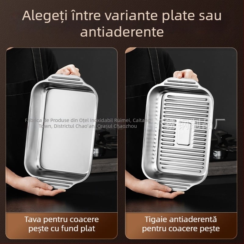 Tavă dreptunghiulară din oțel inoxidabil, îngroșată și adâncită, de calitate alimentară, rezistentă la temperaturi înalte, potrivită pentru grătarul de pește, ușor de curățat, pentru uz casnic și comercial.
