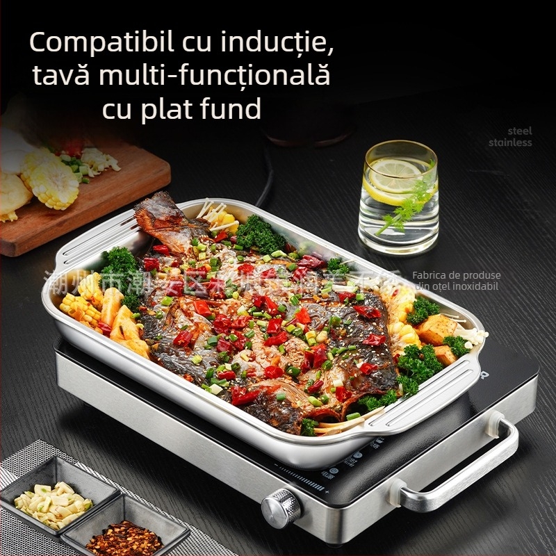 Tavă dreptunghiulară din oțel inoxidabil, îngroșată și adâncită, de calitate alimentară, rezistentă la temperaturi înalte, potrivită pentru grătarul de pește, ușor de curățat, pentru uz casnic și comercial.