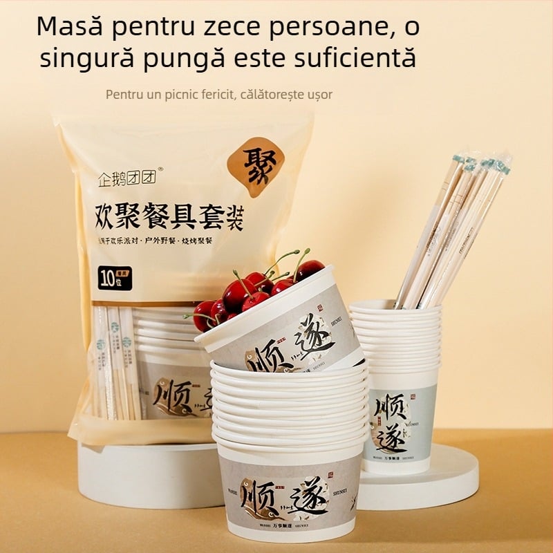 Set de veselă de unică folosință din hârtie pentru camping și picnic: boluri, căni și bețișoare, pentru zece persoane, set de trei piese