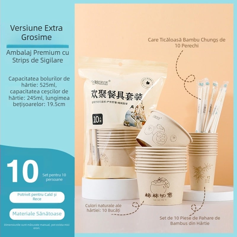 Set de veselă de unică folosință din hârtie pentru camping și picnic: boluri, căni și bețișoare, pentru zece persoane, set de trei piese