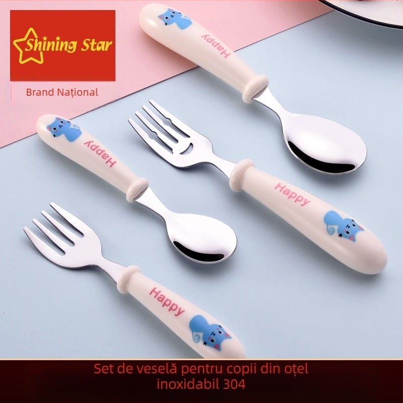 Set tacâmuri pentru copii din oțel inoxidabil: lingură și furculiță pentru învățare, portabil într-o cutie, design colorat animat