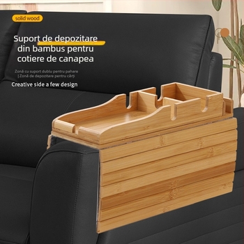 Tăviță pentru brațul canapelei din lemn masiv, cu caneluri laterale pentru gustări și cafea