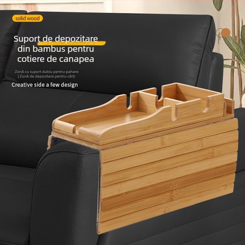 Tăviță pentru brațul canapelei din lemn masiv, cu caneluri laterale pentru gustări și cafea