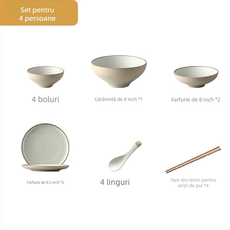 Set japonez de veselă din porțelan pentru 1 sau mai multe persoane (farfurie plată, farfurie de supă, bol de orez, bol de supă)
