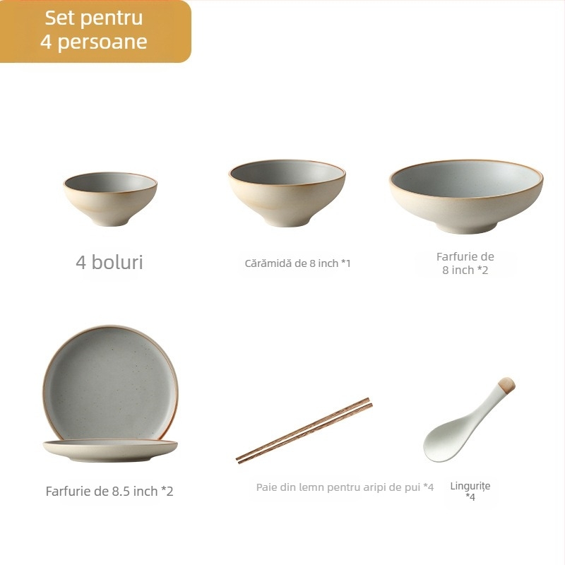 Set japonez de veselă din porțelan pentru 1 sau mai multe persoane (farfurie plată, farfurie de supă, bol de orez, bol de supă)