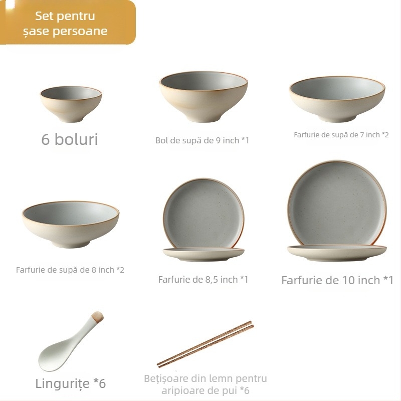 Set japonez de veselă din porțelan pentru 1 sau mai multe persoane (farfurie plată, farfurie de supă, bol de orez, bol de supă)