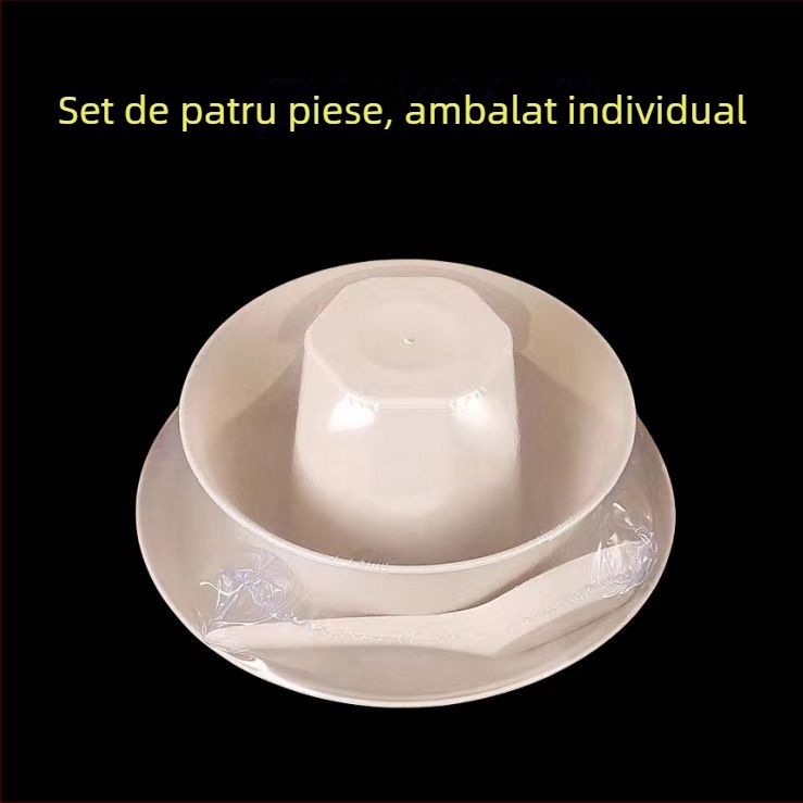 Set de veselă de unică folosință din coajă de orez, patru piese, biodegradabil, de calitate alimentară, boluri rotunde și bețișoare, capacitate 300 ml, pachet cu 100 de seturi