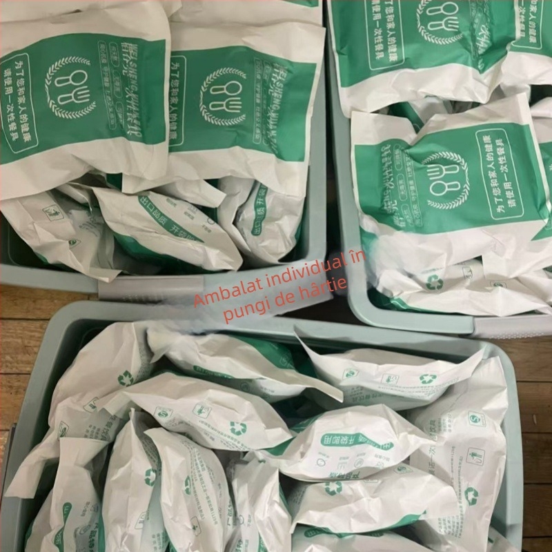 Set de veselă de unică folosință din coajă de orez, patru piese, biodegradabil, de calitate alimentară, boluri rotunde și bețișoare, capacitate 300 ml, pachet cu 100 de seturi