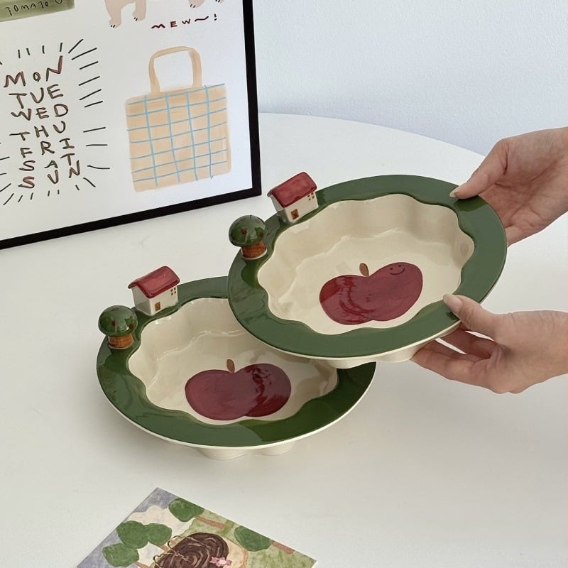 Farfurie ceramică din seria Smiling Apple – Motiv drăguț de desene animate, farfurie pentru fructe, uz casnic