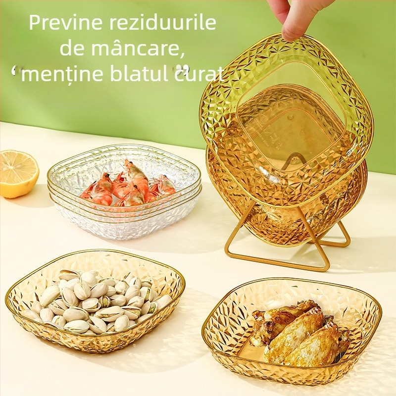 Farfurie pentru oase, alimentară, pătrată, din plastic, suprafață electroplacată, stil ușor luxos, model solid