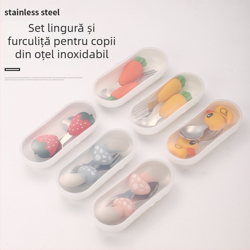 Set din oțel inoxidabil 304: lingură și furculiță cu mânere din silicon, design morcov, pentru bebeluși și copii