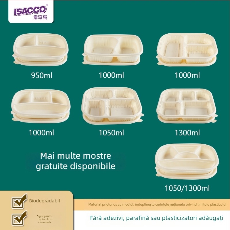 Cutie de prânz din amidon de porumb, de unică folosință, cu 3/4/5 compartimente, biodegradabilă, imprimare logo disponibilă