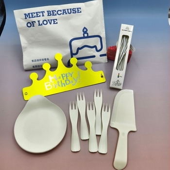 Set de tacâmuri de unică folosință pentru tort de ziua de naștere, cu tavă pentru picuri și tacâmuri cinci în unu (cuțit, furculiță, lingură și lumânări) – plastic PP, tavă dreptunghiulară; ambalaj de 100 buc.; imprimare de logo disponibil
