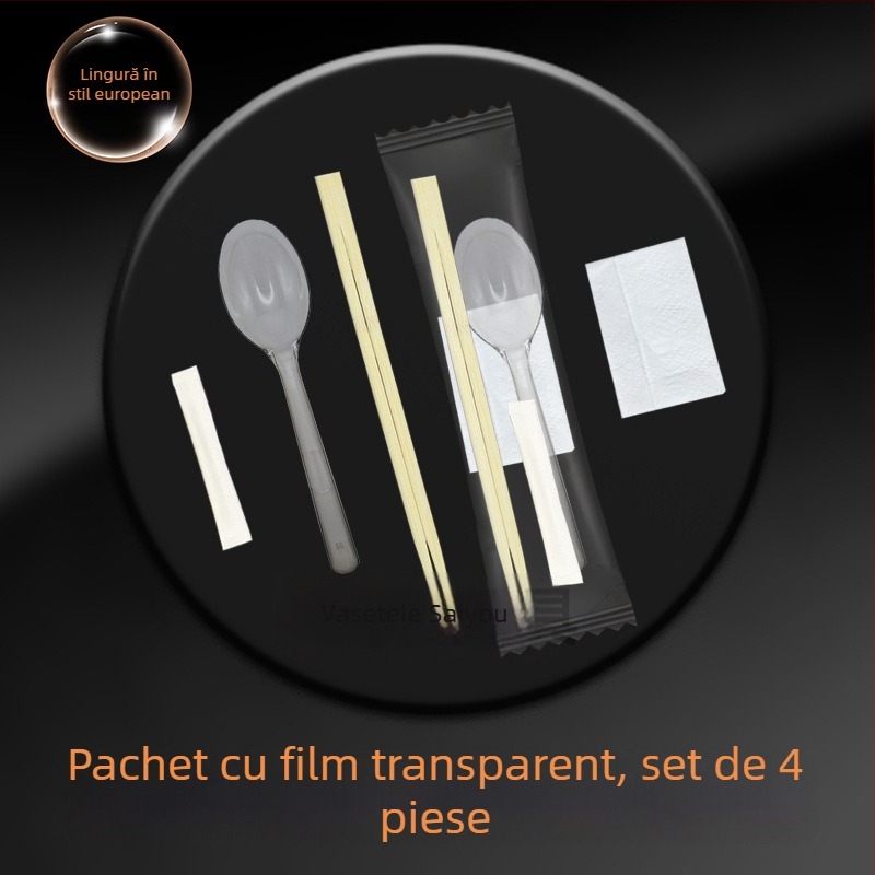 Set tacâmuri pentru ridicare mâncare, stil european, 4 piese, lingură și bețișoare de unică folosință, plastic cu bambus Nanmu, compatibil cu microunde, imprimare logo disponibil