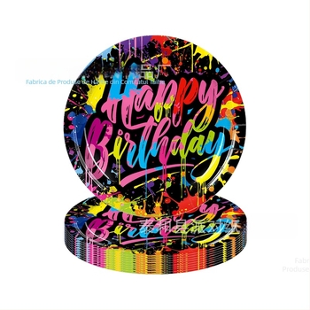 Set de farfurii de hârtie pentru ziua de naștere, design neon graffiti – față de masă de unică folosință și șervete