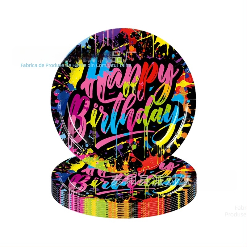 Set de farfurii de hârtie pentru ziua de naștere, design neon graffiti – față de masă de unică folosință și șervete