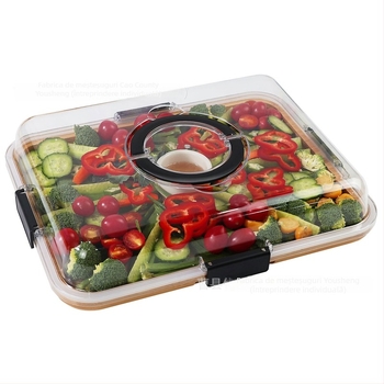 Tăviță din lemn pentru delicatese cu capac și separator, format pătrat, finisaj cu ulei, protecție împotriva prafului pentru brânzeturi și fructe