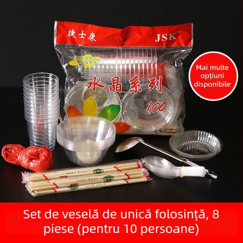 Set de veselă de unică folosință — patru piese, biodegradabil, fără personalizare; fabricat în China; stil modern simplu.