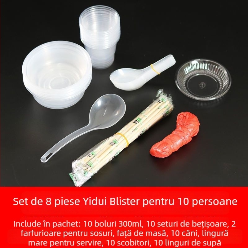 Set de veselă de unică folosință — patru piese, biodegradabil, fără personalizare; fabricat în China; stil modern simplu.