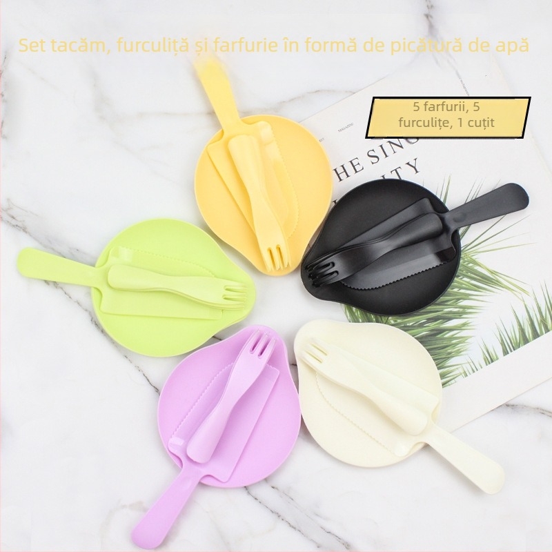 Set de veselă de unică folosință din plastic, în formă de picătură de apă, pentru 5 persoane — farfurii, cuțite și furculițe pentru petrecere