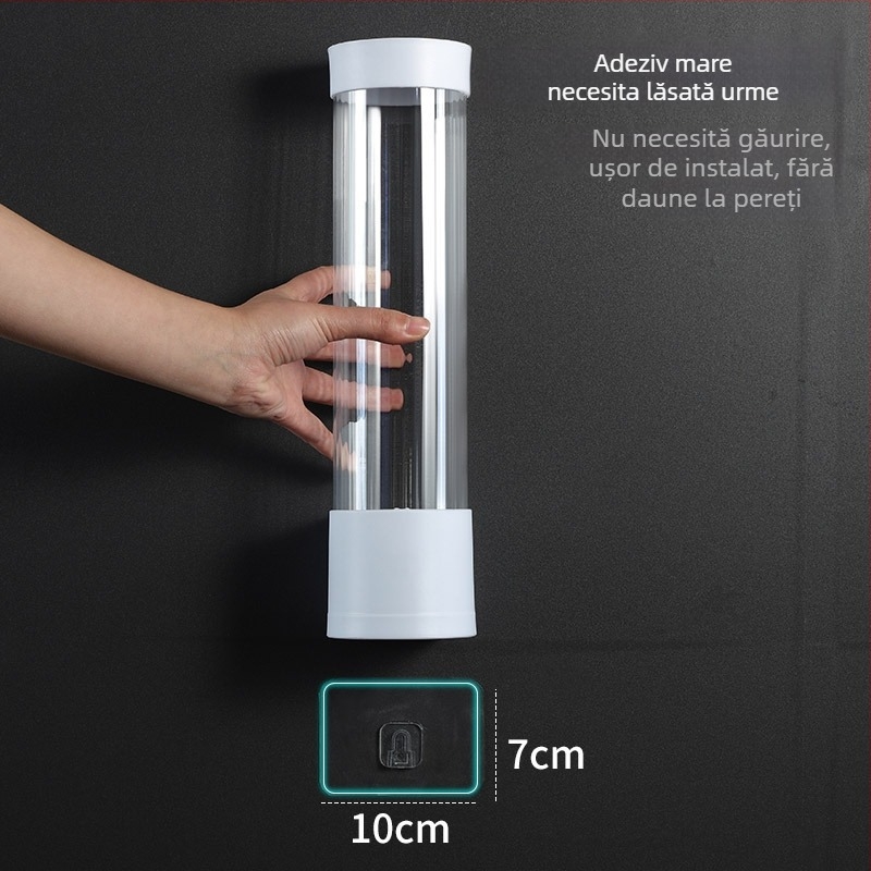 Dispenser montat pe perete pentru pahare de unică folosință, suport automat pentru pahare din hârtie, fără găuri, din plastic, 200 g, stil modern minimalist