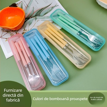 Set tacâmuri din oțel inoxidabil: lingură, furculiță și bețișoare, 410 oțel inoxidabil, finisaj oglindit, ambalate într-o cutie cadou, stil proaspăt și drăguț