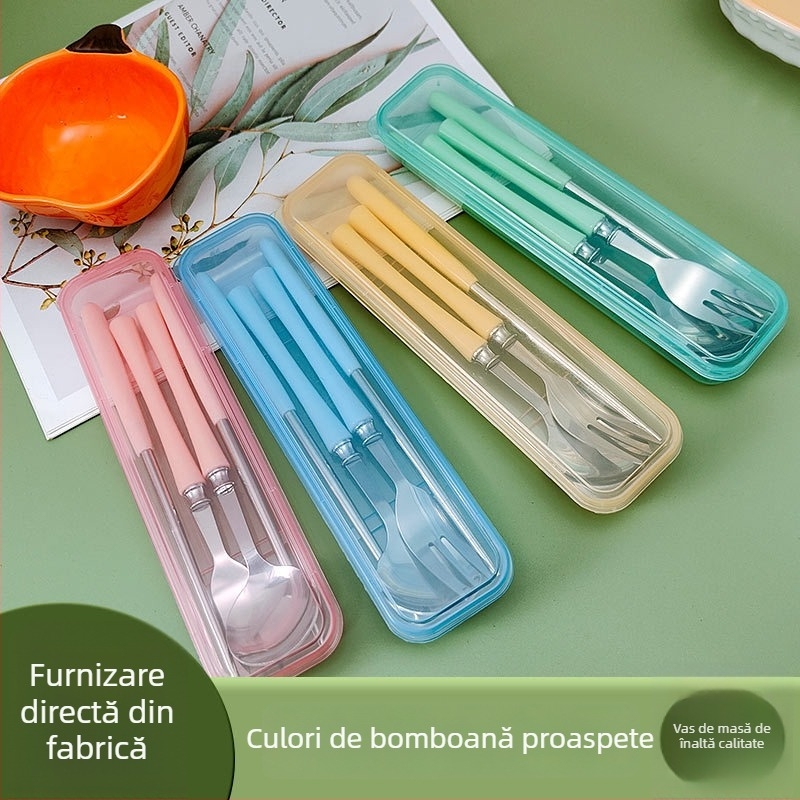 Set tacâmuri din oțel inoxidabil: lingură, furculiță și bețișoare, 410 oțel inoxidabil, finisaj oglindit, ambalate într-o cutie cadou, stil proaspăt și drăguț
