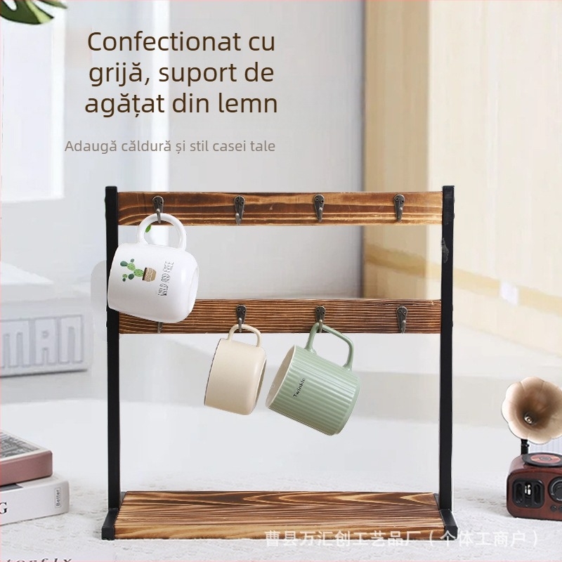 Raft din lemn pentru cupe, cu trei etaje și suport dublu pentru cești, organizator de masă pentru living